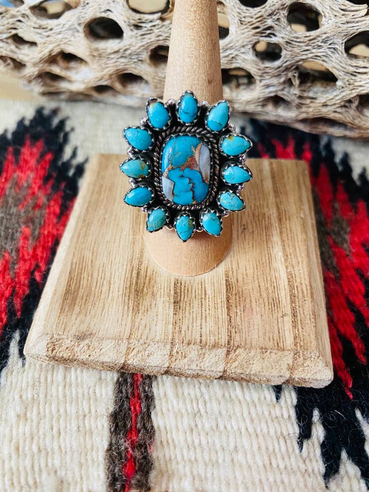 Bague ajustable en argent sterling fait main, épices et grappe de turquoise pour la vente par Nizhonitradersllc