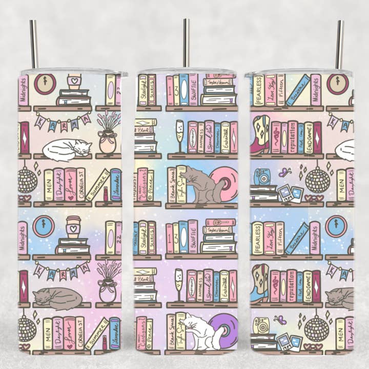 Country Music Book Shelf Album Cat Book Romantasy Tumbler for wholesale by The Geek Boutique