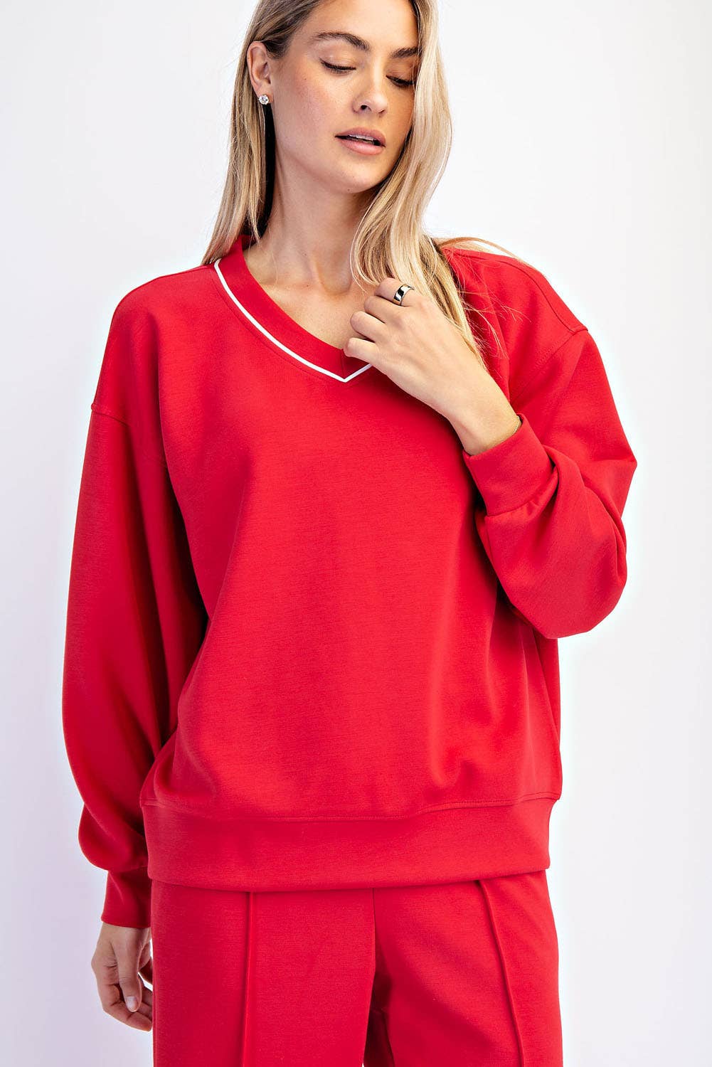 Rae Mode - Wholesale Lounge Top - Women's - MODAL SCUBA V NECK PIPING TOP21