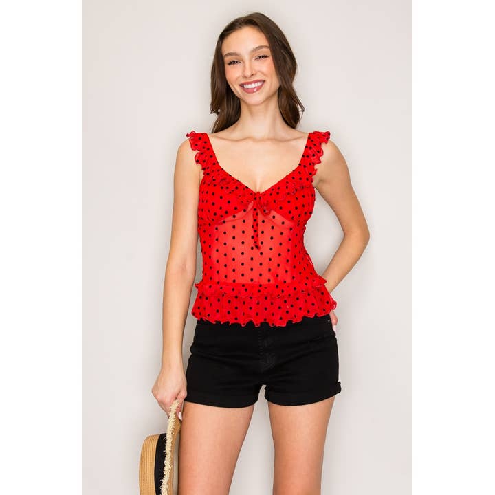 Polka Dot Mesh Top with Double Ruffle Hem for wholesale by Popular 21