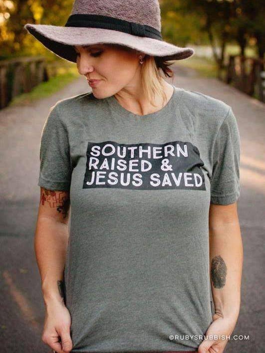 Southern Raised and Jesus Saved | Christian T-Shirt | Ruby’s Rubbish® for wholesale by Ruby’s Rubbish