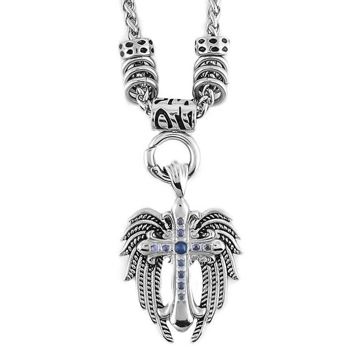 SK1777BLU Stainless Steel Ladies Angel Wing & Cross Blue Bling Pendant With 4mm Foxtail Necklace Necklace 19" for wholesale by Heavy Metal Jewelry