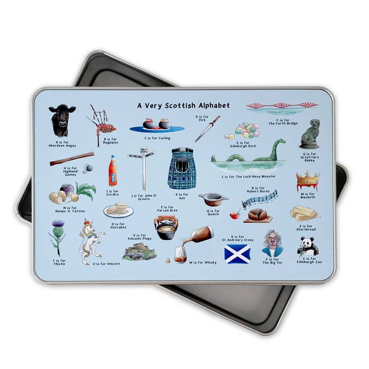 A Very Scottish Alphabet Storage Tin for wholesale by Yeti Cards & Gifts