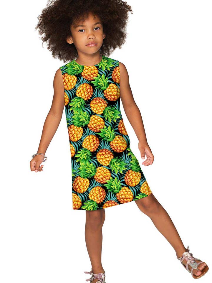 Eindeloze Zomer Adele Groene Ananasprint Schattige Shift Jurk - Meisjes voor wholesale door Pineapple Clothing