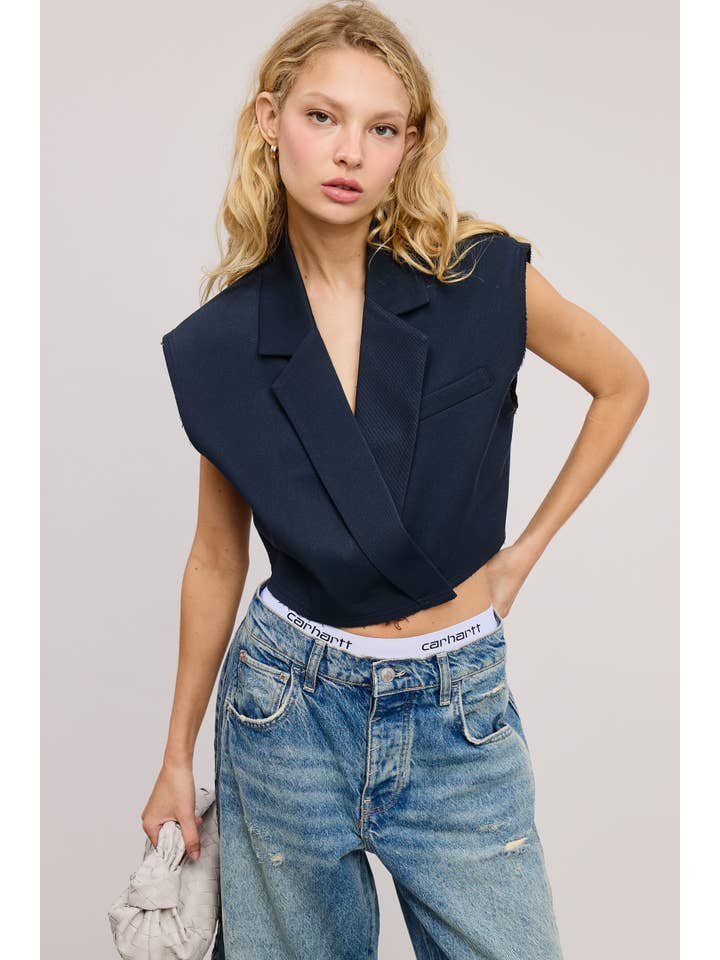 Mimosa - Wholesale Outerwear Vest - Women's - Cropped Collared Vest with Raw Hem15