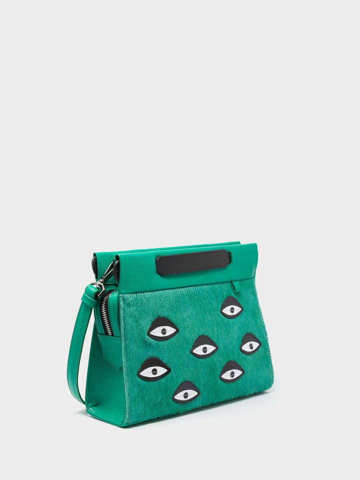 Vali Crossbody Small Deep Green Leather Bag - Eyes Applique Adjustable Handle for wholesale by Min & Mon