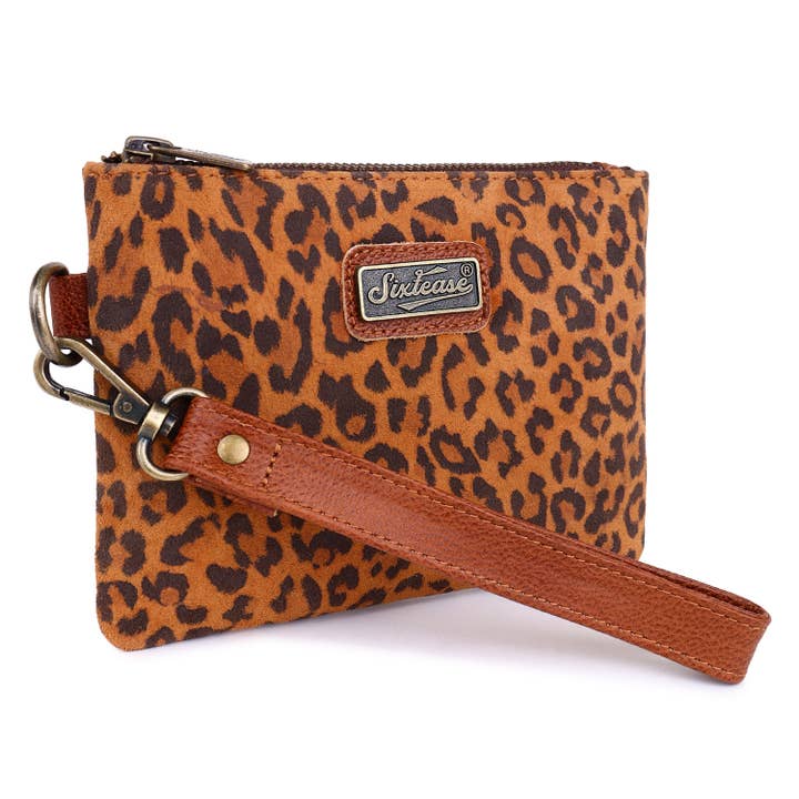 Damen-Handgelenktasche aus Veloursleder, braun-hellbrauner Leopardenmuster für den Großhandel von Sixtease Bags USA