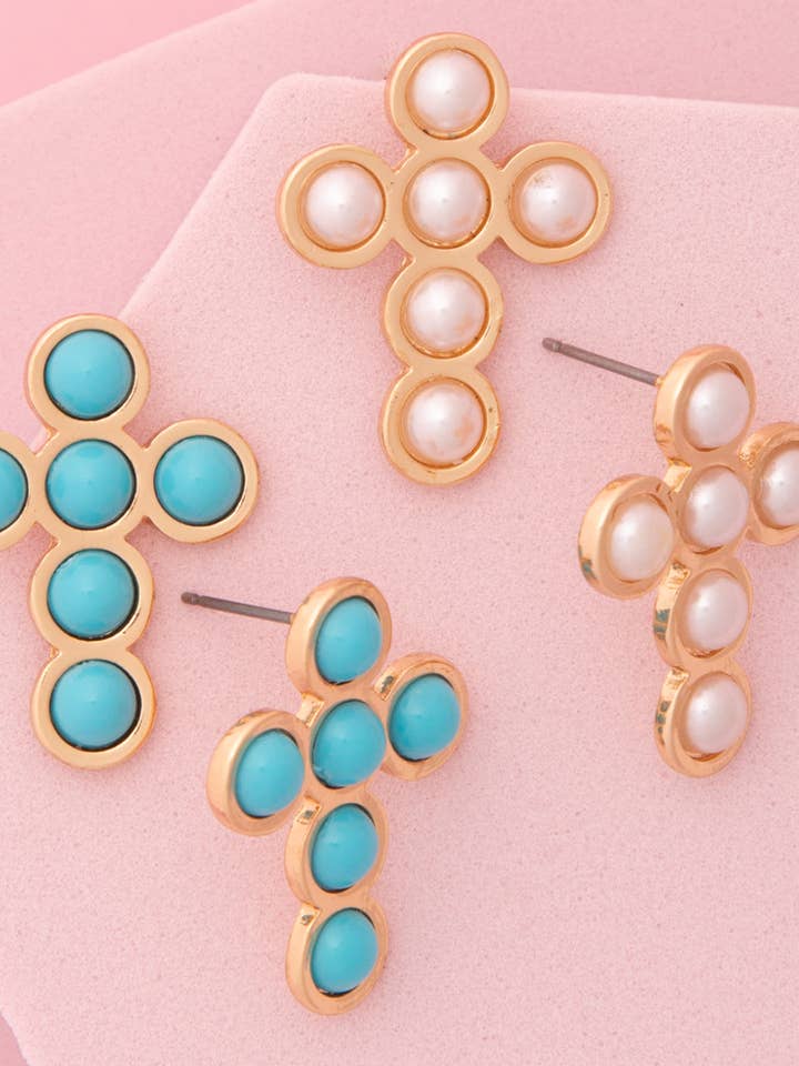 Turquoise / Pearl Bezel Cross Post Earrings for wholesale by SP Sophia Collection