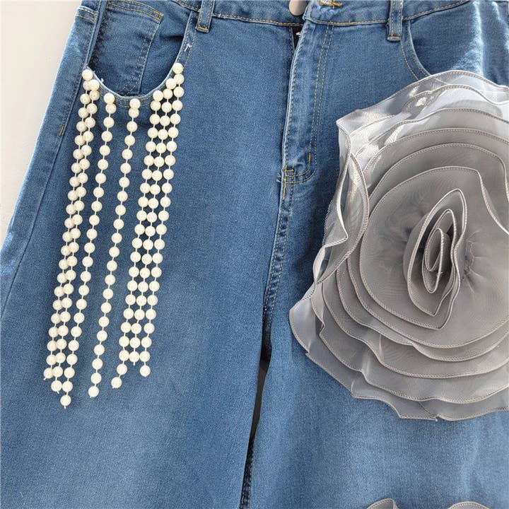 Sanyao Fashion - Wholesale Jeans - Women's - 1M261 2025 Handmade Washed Denim Pearl Tassel Wide-Leg Jeans3