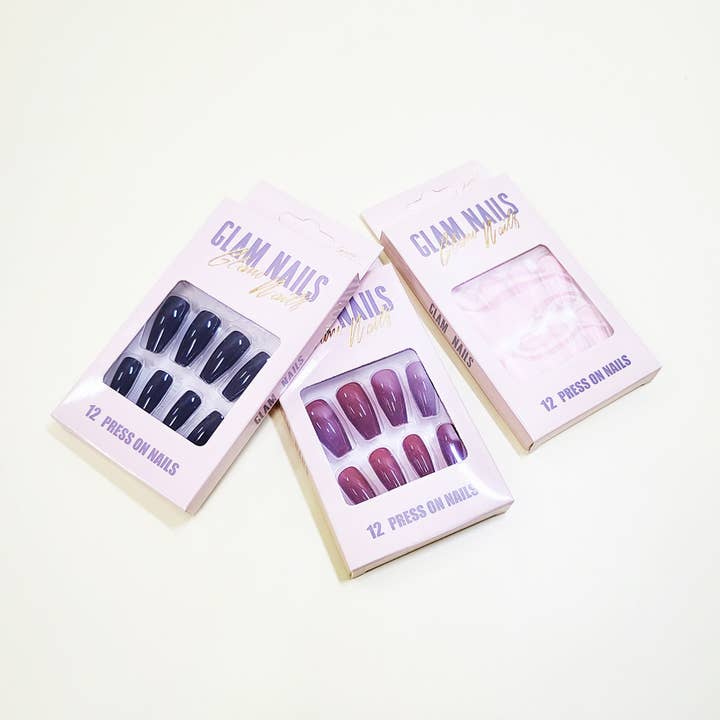Assorted Color Glossy Coffin Shape Pre Glued Press On Nail Set for wholesale on Faire