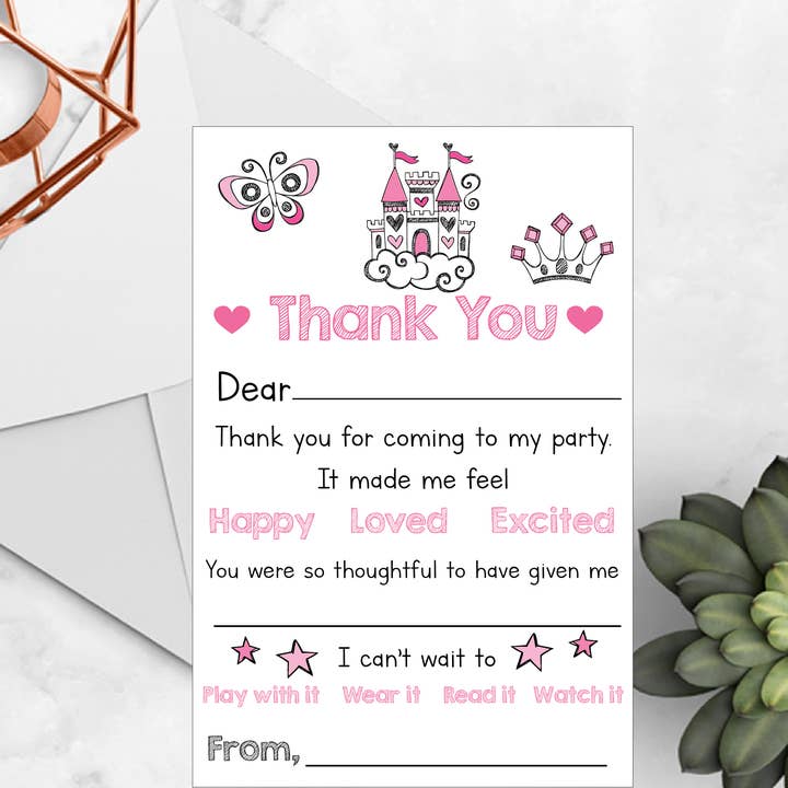 Cartes de remerciement à remplir pour enfants, carte de remerciement princesse pour la vente par The Stylish Scribe