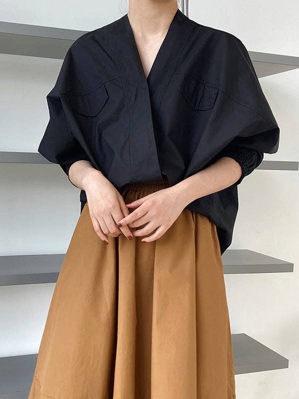 UZ Wholesale Store - Wholesale Button Down Shirt - Women's - Trendy Batwing Sleeves Solid Color V-Neck Blouses22