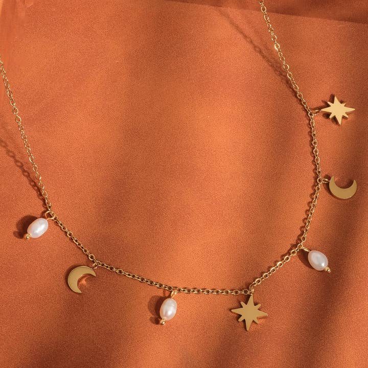 Amaury 18K Gold Non-Tarnish Pearl Moon and Star Choker for wholesale on Faire
