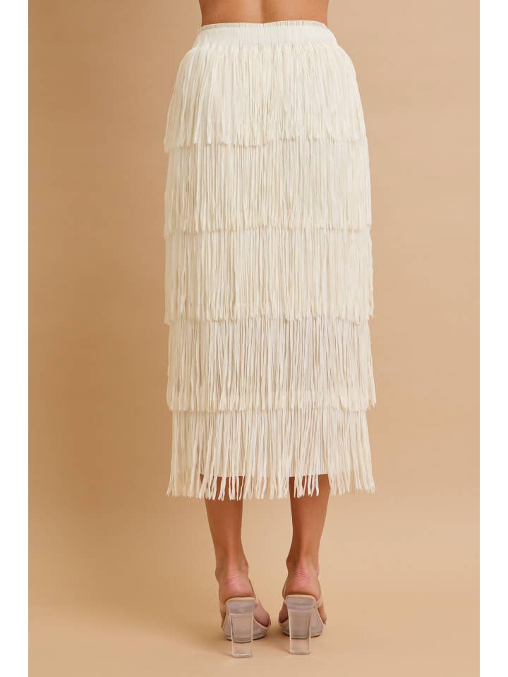 Ivory Tiered Fringe Skirt With Elastic Waist for wholesale on Faire5