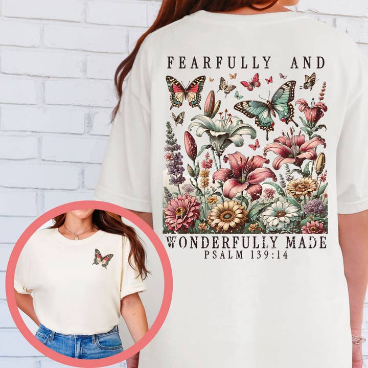 Fearfully and Wonderfully Made Floral Christian Graphic Tee for wholesale by Cross & Crown Designs LLC