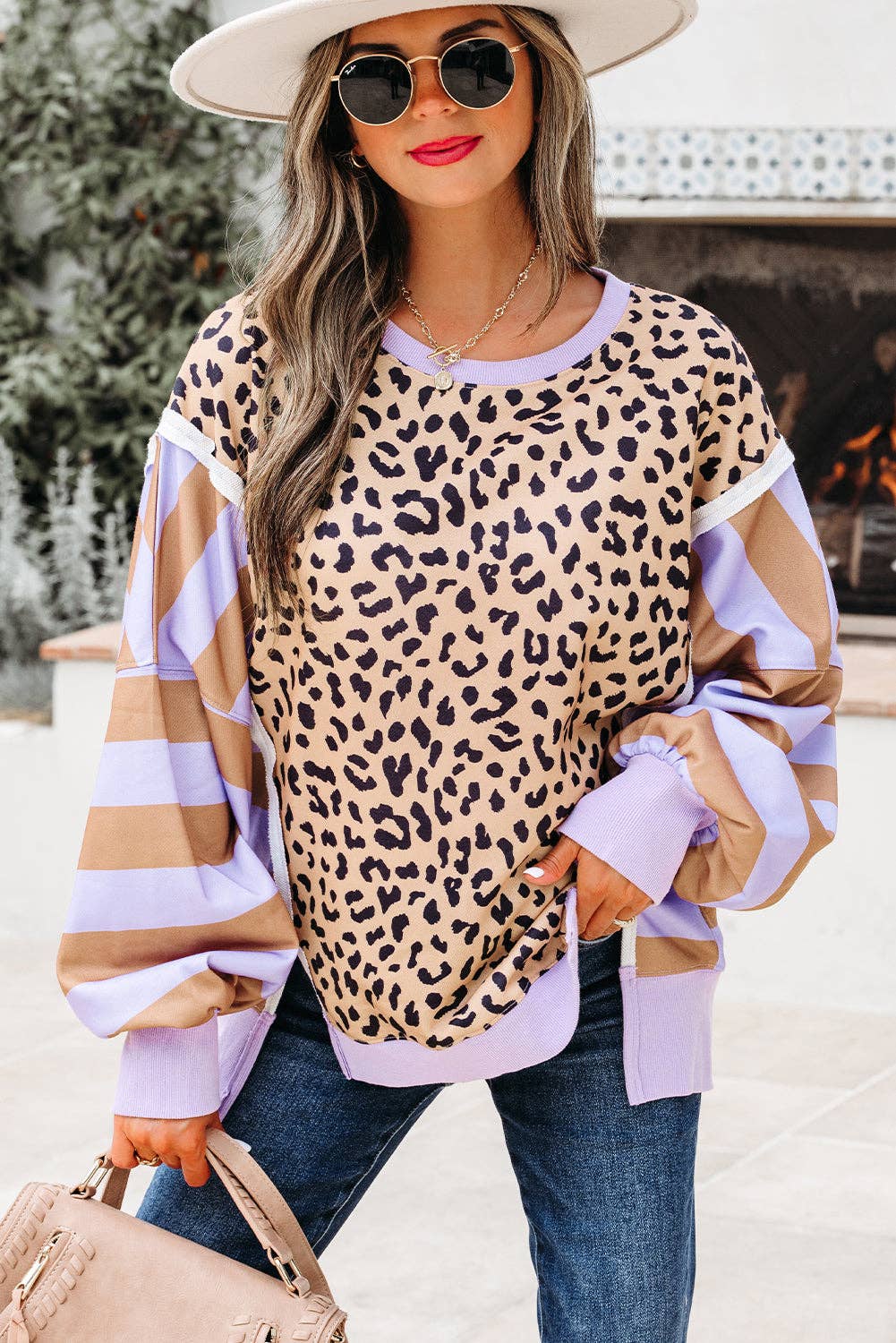 Lovesoft - Wholesale Sweatshirt - Women's - Purple Stripe Color Block Patchwork Leopard Casual Sweatshirt with Slits