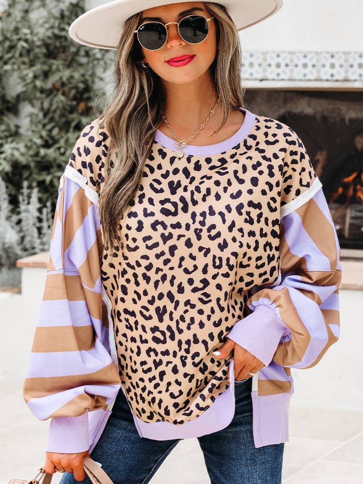 Lovesoft - Wholesale Sweatshirt - Women's - Purple Stripe Color Block Patchwork Leopard Casual Sweatshirt with Slits0
