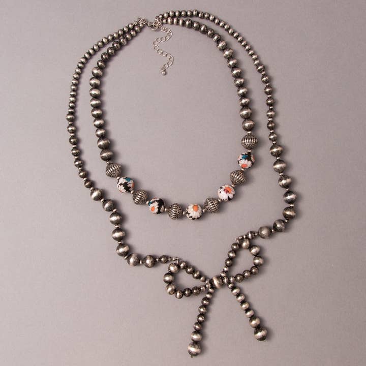 Western Multi-Strand Beaded Necklace with Bow Pendant for wholesale by SP Sophia Collection