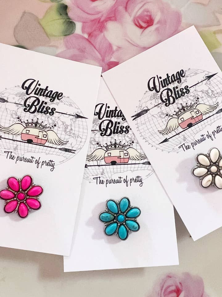 Western Flower Turquoise Pink White Hat Pin for wholesale by Vintage Bliss