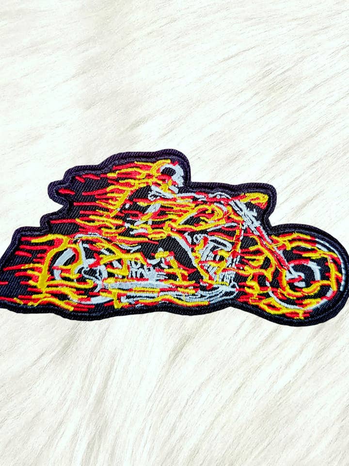 Biker Skeleton Flames Race Embroidery Iron On Patch for wholesale by Scratch Decor