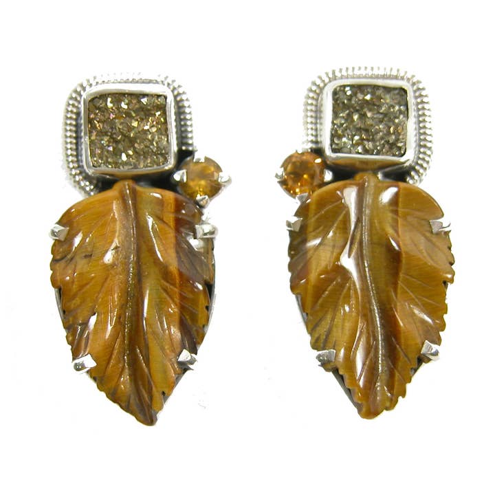 Brinco de prata esterlina de ágata drusy citrino de folha de olho de tigre por atacado de Amy Kahn Russell