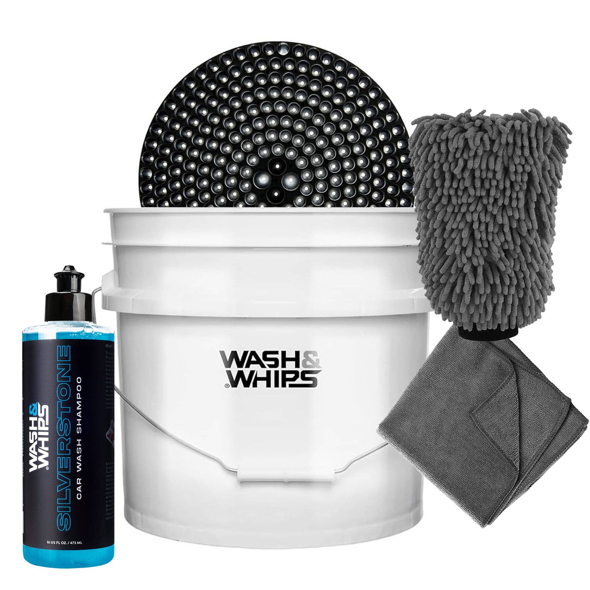 Wash & Whips - Wholesale  - WASH & WHIPS Autowas Kit - 3-liter emmer met deeltjesvanger, shampoo, chenille handschoen & microvezel zachte handdoek, 5 stuks0