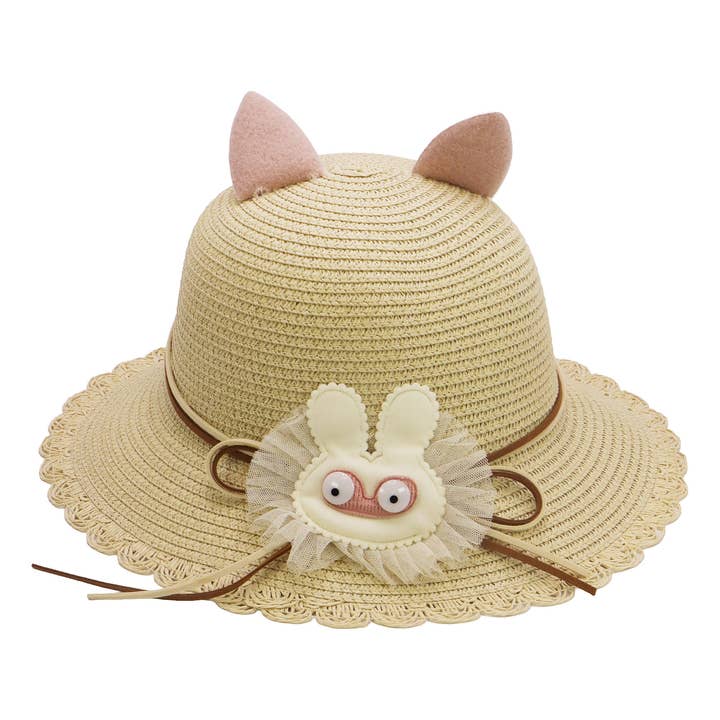 Assorted Kids Bunny Ear Scallop Straw Bucket Sun Hat -DISLCLAIMER for wholesale on Faire6