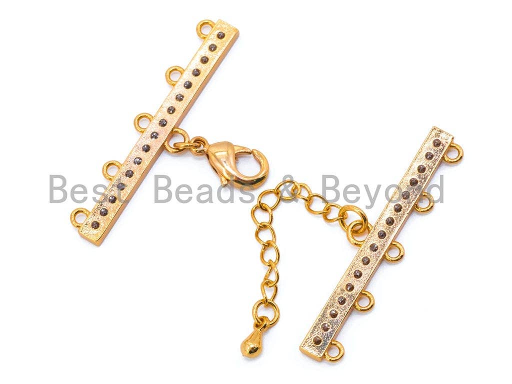 BestBeads&Beyond - Wholesale Clasp - 1set Five Loops CZ Micro Pave Multi-Strands Lobster Claw Clasp, Clear CZ on Gunmetal/Gold/Silver Color, 37x6mm, SKU#K283