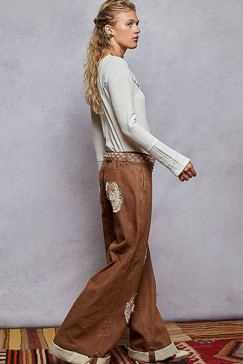 Pol Clothing - Wholesale Pants - Women's - Floral Patchwork Rolled-up Denim Straight Pants26