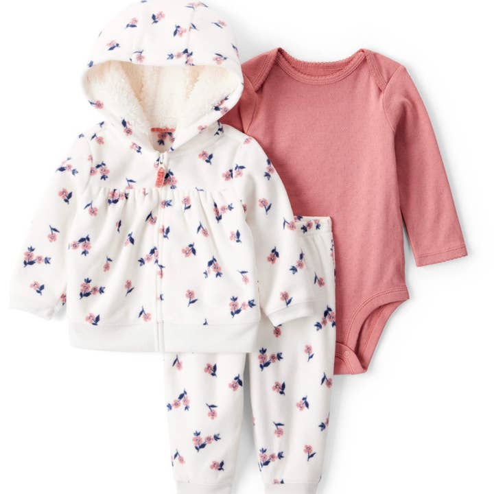 Three-piece set with ivory floral jacket, bodysuit, and pants for wholesale by Nenina & Co