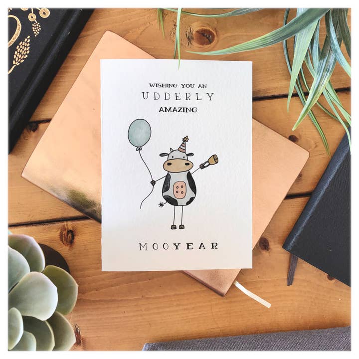 New Year – Punny “Utterly Amazing Moo Year” Cow Card for wholesale by kenziecards