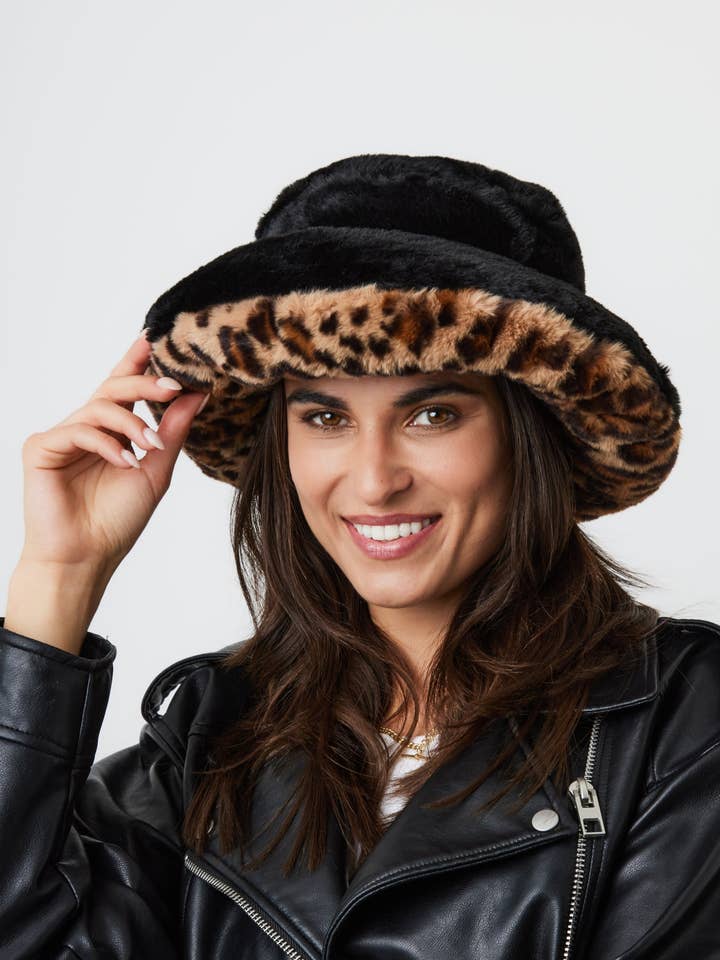 Oversized Fur Plush Bucket Hat in Black and Leopard for wholesale by My Accessories London