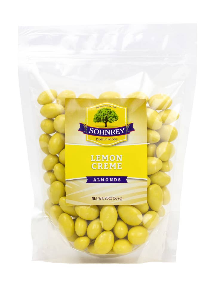 Lemon Creme Almonds 20 oz for wholesale by Sohnrey Family Foods LLC