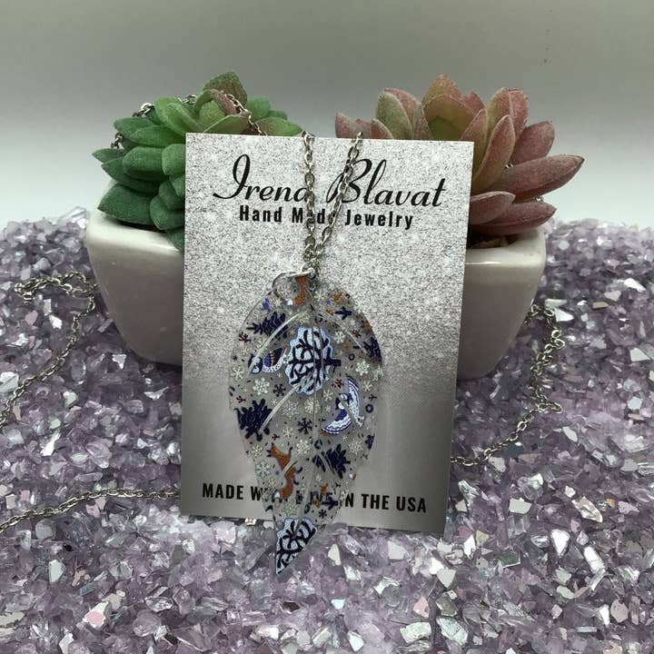 Winter Woodland Acrylic Leaf Pendant on 30" Silver Chain for wholesale by Irena Blavat Designs