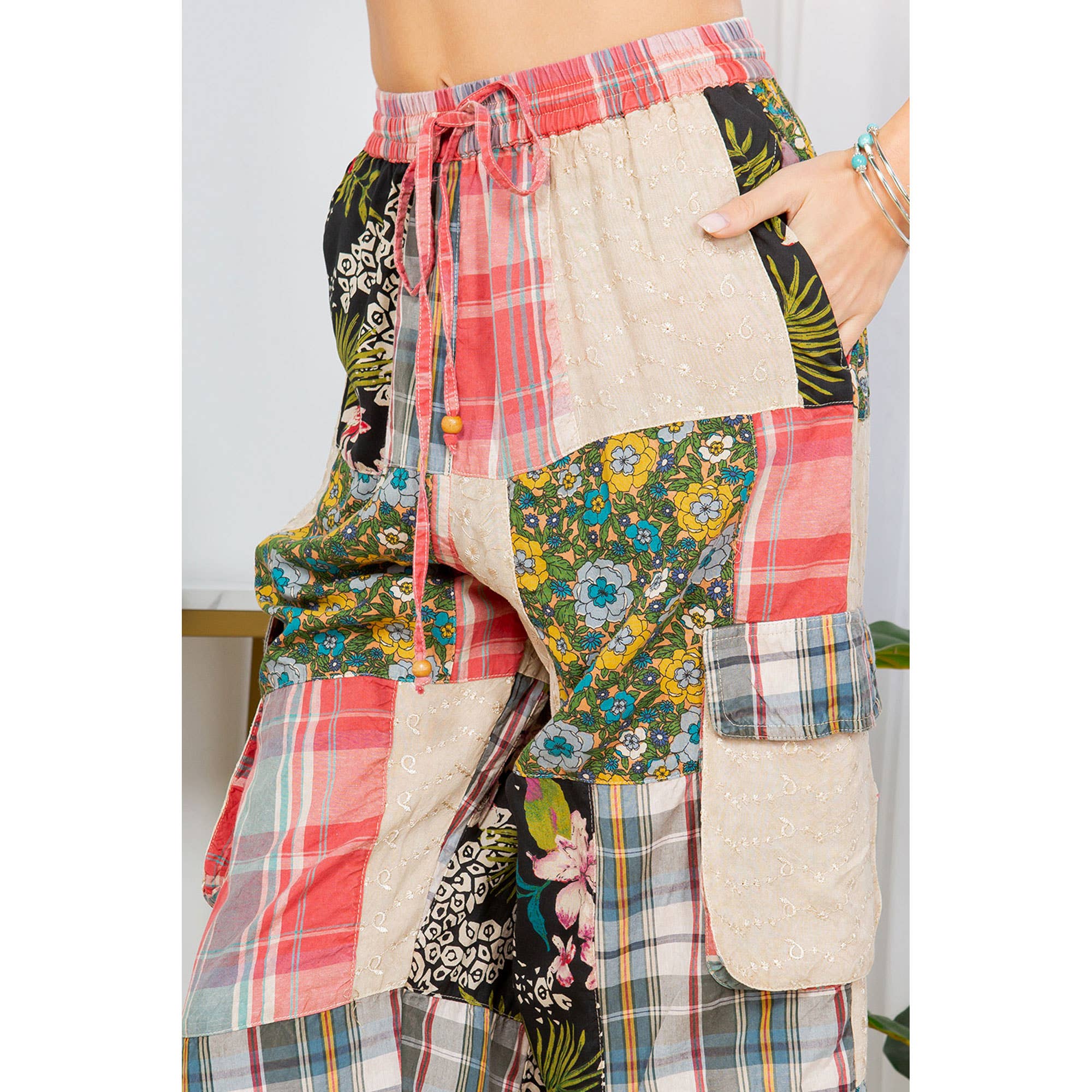 Young Threads - Wholesale Pants - Women's - Bohemian Patchwork Straight Pant Plaid & Schiffli Embroidery7