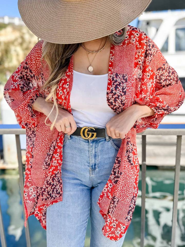 Red Multi Floral Printed 3/4 Sleeve Chiffon Kimono Cover Up for wholesale by AMOLI