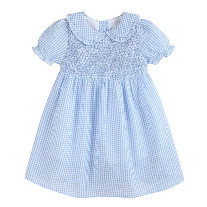 Light Blue Gingham Smocked Dress for wholesale by Lil Cactus
