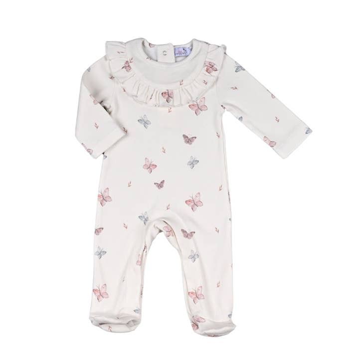SYRINE | Girls White Cotton Butterfly Print Babygrow for wholesale by Bebe Sweeny