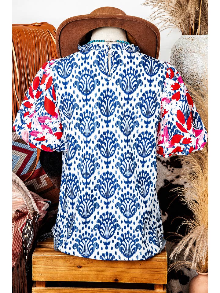 As shown Western Fashion Print Floral Puff Sleeve Frill Neck Blouse for wholesale on Faire