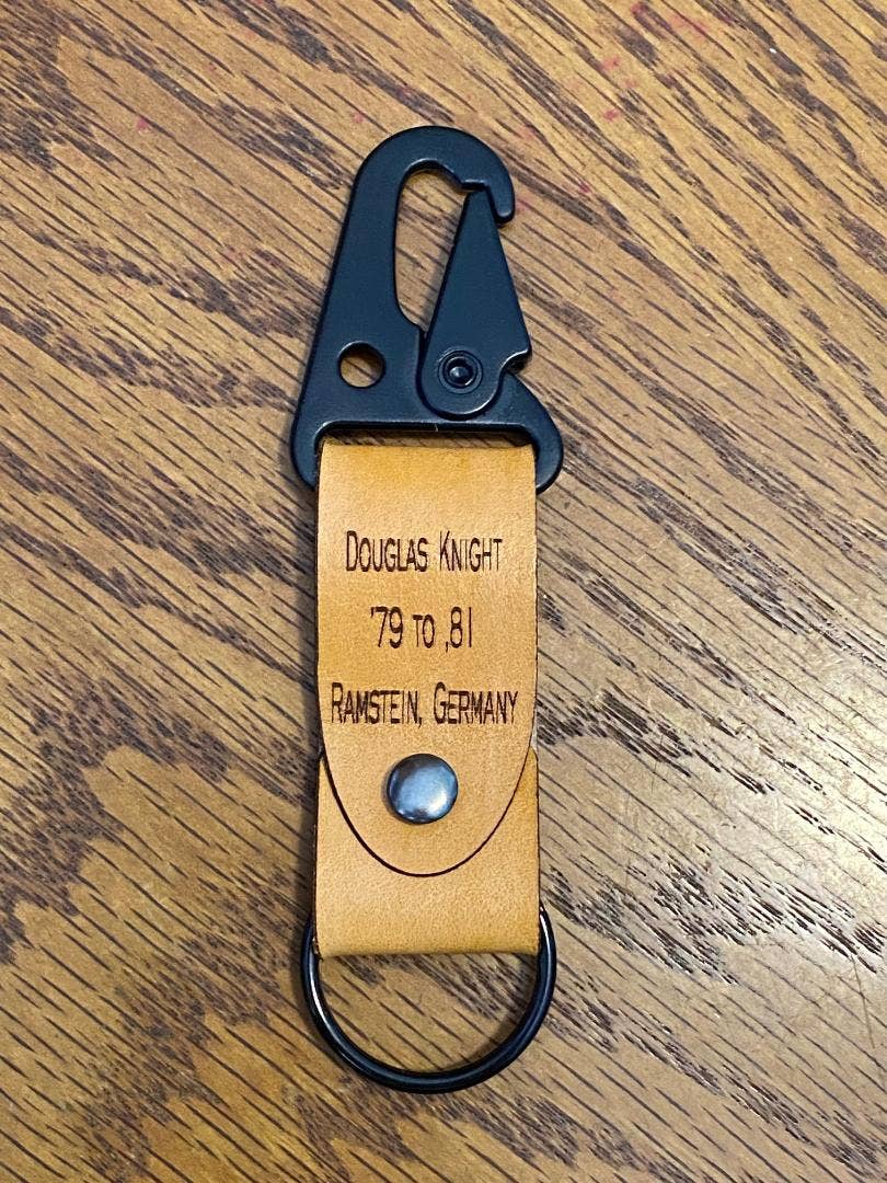 DK LaserWorx - Wholesale Keychain - Unisex - U.S. Military Leather Key Chain with a Black Rifle Sling Clip Personalized with Name, Base, and Dates1