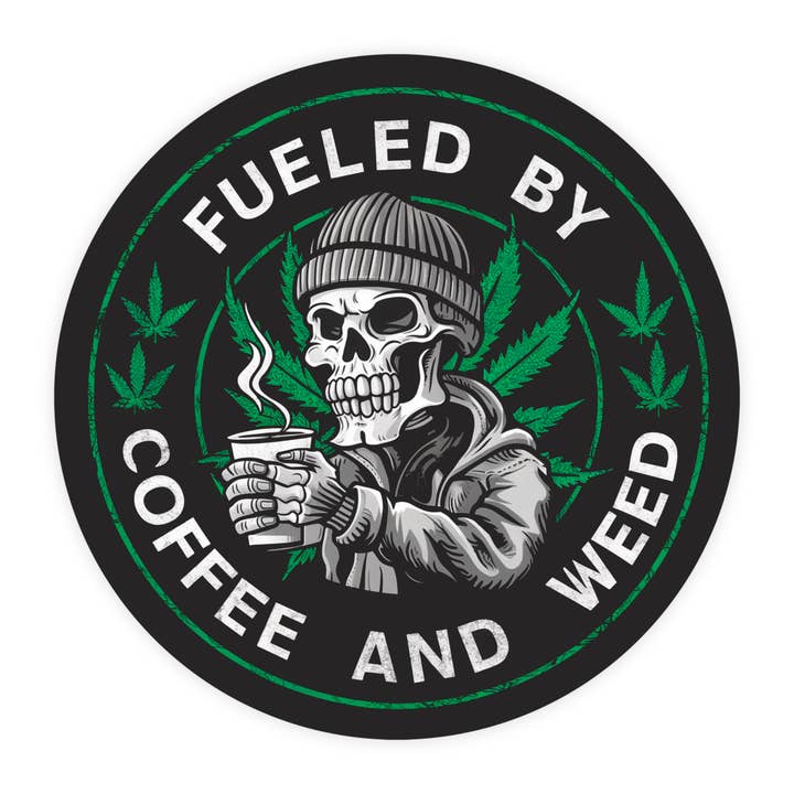 Fueled By Coffee And Weed Funny Waterproof Vinyl Sticker for wholesale by Sticker Bull