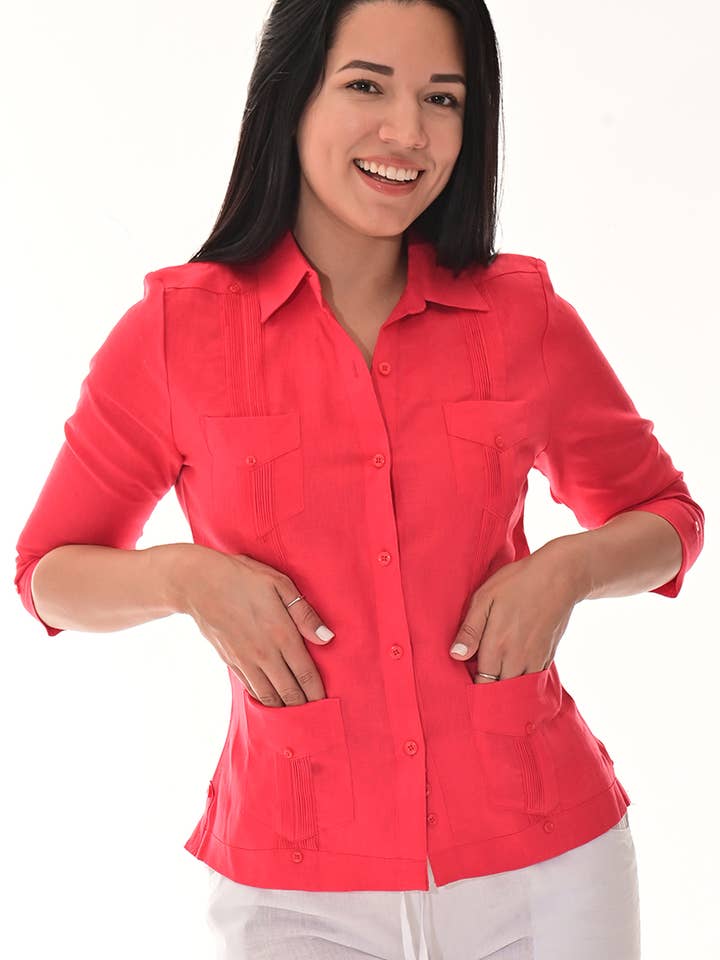 Ladies Linen Guayabera Top 3/4 Sleeve Traditional-B-LLGB3009 for wholesale by Azucar & Bohio