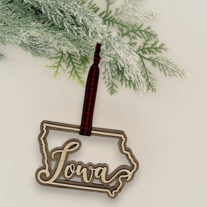 Iowa Double Layer Christmas Holiday Ornament for wholesale by Woodlander Workshop