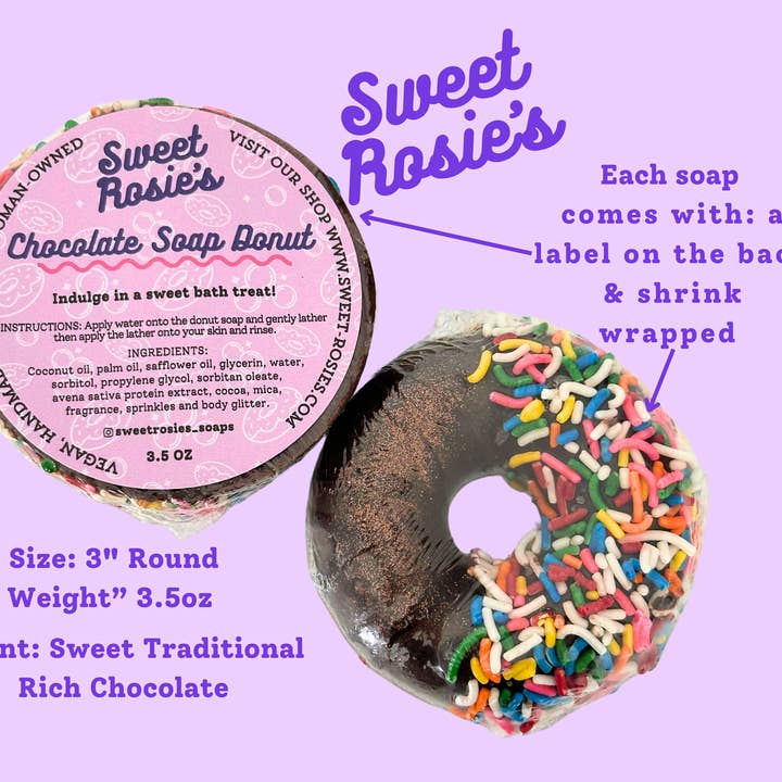 Sweet Rosie’s Soaps & Gifts - Vendita all'ingrosso Saponette - Sapone a forma di ciambella con glassa al cioccolato e codette, vegano, con olio di cocco2