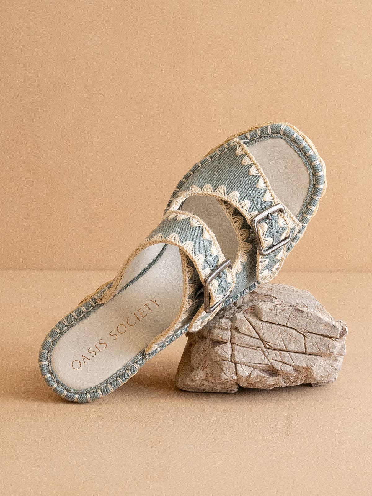 The Rae | Blue Embroidered Espadrille Wedges Double Buckle for wholesale on Faire1