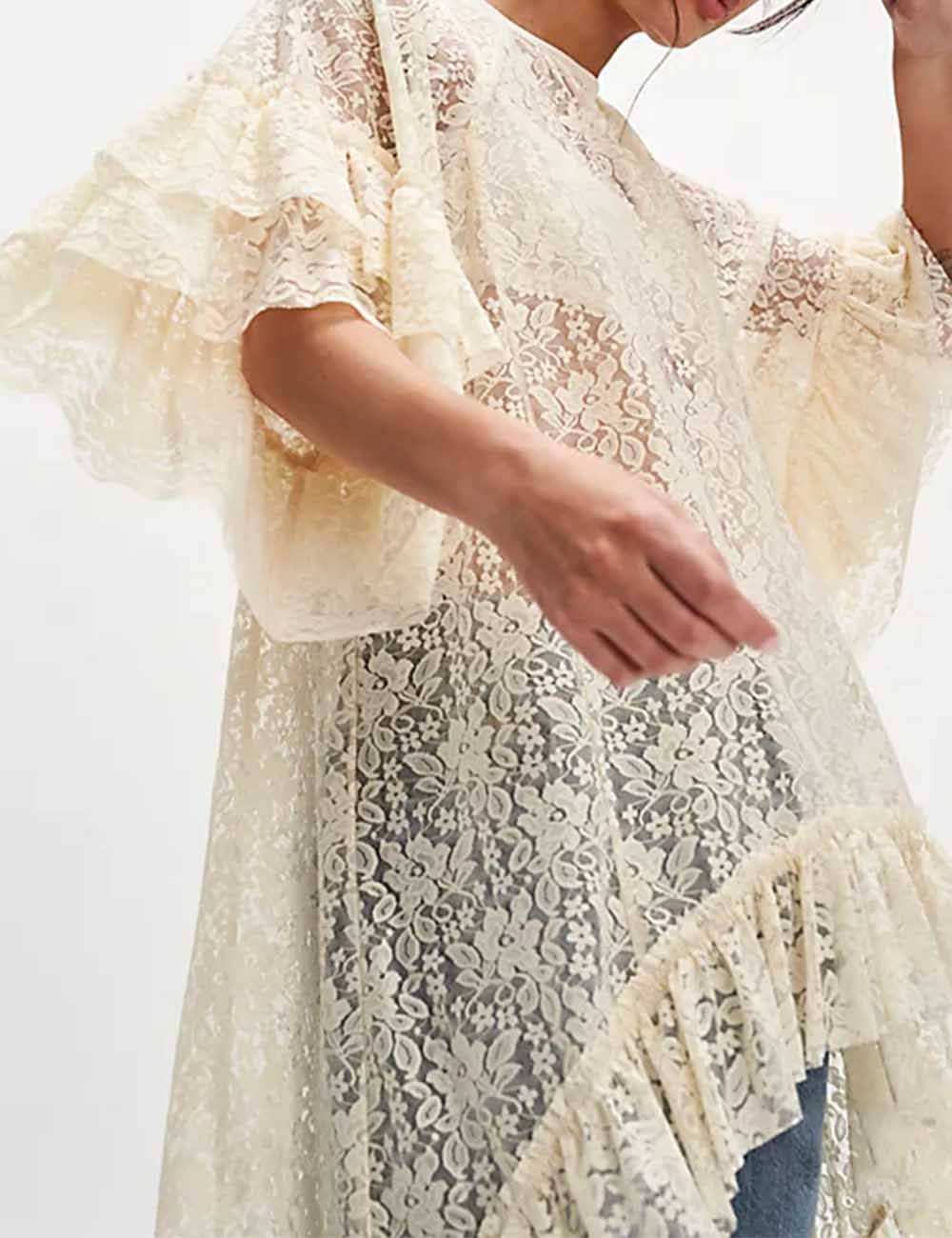 Sweetkama - Vente Chemisier – femme - Blouse à manches mi-longues irrégulières en dentelle florale transparente pour femmes4