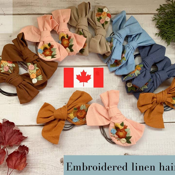 Lazos para el pelo | Bordado, lazo para el pelo de lino, accesorio de pelo para mujer para venta al por mayor de Maple Dream Store