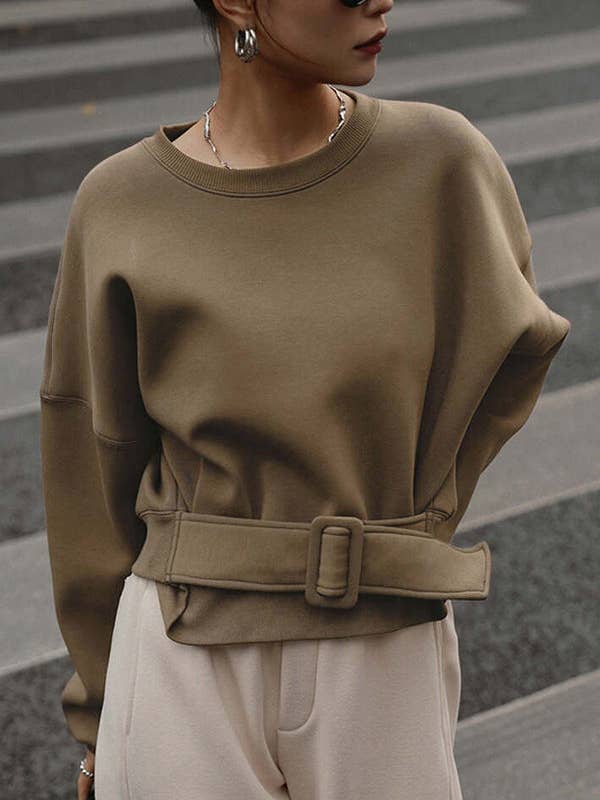 UZ Wholesale Store – wholesale Sweatshirt – Women's – Long Sleeves Loose Belt Buckle Solid Color Round-Neck Sweatshirt Tops