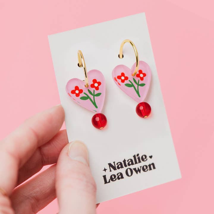 Natalie Lea Owen – Handmade Jewellery & Greeting Cards - Wholesale Hoop Earrings - Heart Charm Hoop Earrings | Pink Floral | Jewellery Gift Her1