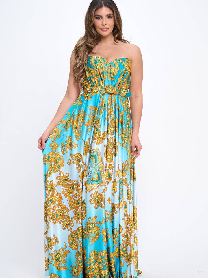 Vestido Comprido Sem Alças com Decote Coração Maya em Malha Sedosa com Padrão Paisley por atacado de Pinup Couture